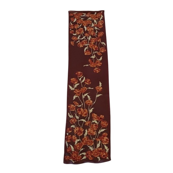 Anne Klein Silk Poppy Flowers Floral Scarf Brown Dark Red Cream Oblong 14" x 58" - Picture 2 of 15